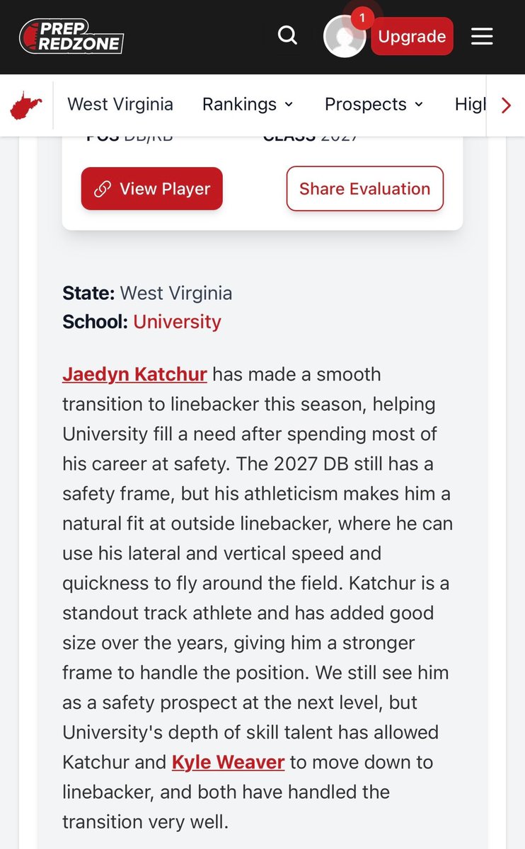 JaedynKatchur's tweet photo. Thank you @PrepRedzoneWV for the evaluation and write-up! Our team has one end goal this year. I’m ready to do whatever it takes, stay versatile, and be a team player. #werenotdoneyet🙌🏼 

@Coach_Lawless @CoachSnyderUHS @uhshawksfb @CoachMMcKenzie @LoganRaber8 @CoalfieldsCo https://t.co/vpXcx8Uq4e