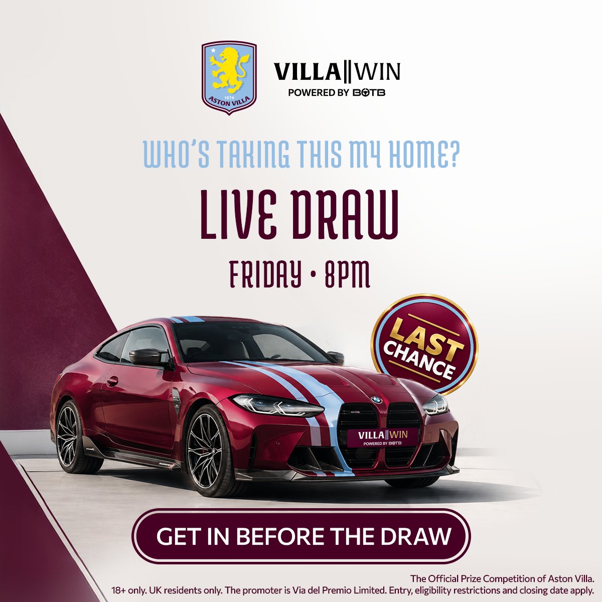 VillaWin_BOTB's tweet photo. The final countdown is on. FEW HOURS LEFT to sign up for FREE for a chance to win the BMW M4. 🏎️

Villa Win - Official Prize Competition of Aston Villa. 🏆

https://t.co/vH3l7VbtJz https://t.co/JbDUoeWhcA