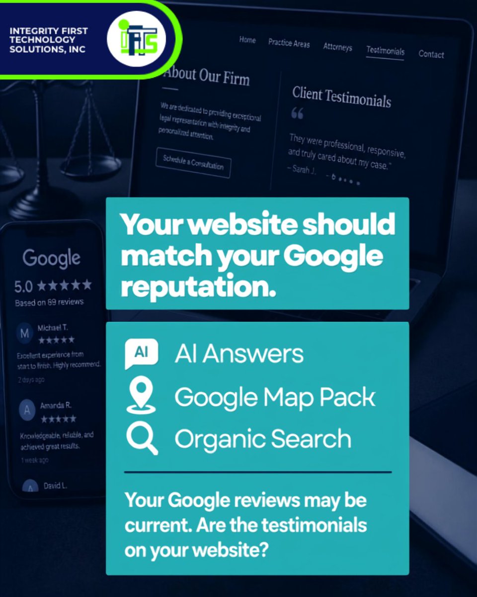 IFTSDesign's tweet photo. Recent 5-star Google reviews are great—but undated testimonials on your site can undercut them. See how to make better use of your reviews: https://t.co/vlQ4I3tfre #LawFirmMarketing #GoogleReviews https://t.co/2RMyuykdpF