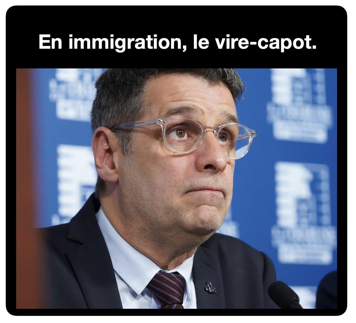 novomtl's tweet photo. le vire-capot

Éric Duhaime a toujours dit qu’il voulait de l’immigration illimitée!
Il l’a répéter ad nauseum. Quantité, toujours sans chiffre !
Il ne cite JAMAIS de chiffres comme objectif.
Ensuite il a ajusté le tir, il a dit qu’il voulait de l’immigration indéterminée. Ah bon.
Toujours sans fixer d’objectifs pour mesurer, si la capacité d’accueil est respectée.
Il y a quelques semaines, il réajuste ENCORE le tir, face au sondage de la ville de Québec disant que 64% de la population voulait pas ou peu d’immigration. Il décide qu’il n’accepterait plus de musulmanes pour éviter des prières de rues! Revirement de sa position, juste pour gagner des comtés dans région de Québec !
On ne sait toujours pas COMBIEN qu’il en veut d'immigrants, par année.
Il REFUSE toujours de le dire!
D’ailleurs il est LE SEUL chef à ne pas avoir d’objectif en NOMBRE! Comment mesurer si l’objectif est atteint, si tu ne fixe pas de chiffre?
IL refuse de le dire.
Et hier, dernier revirement, il annonce qu’il veut DÉPORTER 70 000 immigrants selon une études bidon, qui garde secrète, sans dévoiler le nom de l’étude ni la source!!!
WOW!

Si ce n’est pas un vire-capot, je ne sais pas qu’est-ce qu’il faut de plus pour le devenir !

Pensez-y avant de lui accorder VOTRE confiance à ce vire-capot qui décide selon les sondages, juste pour gagner quelques comtés!
Imagine, il va faire EXACTEMENT la même chose dans chaque domaine qui touche votre vie!
C’est comme ça que ce charlatan opère, selon son «feeling» et du dernier sondage, sans réelle conviction !
Pas pour rien que plus de 83% des gens du Québec ne votent pas pour lui !
#polmtl #polqc