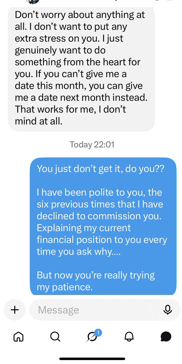 Know_That_Guy's tweet photo. THIS, here, is the reason I am extremely cautious when I get a follow from an artist.
Constant harassment and not taking no for an answer.
I wonโt stand for it!
I am a โpromoterโโฆ.
Do not follow me if youโre expecting me to commission.
#digitalartists #know_that_guy #promoter https://t.co/ym4OueUqMl