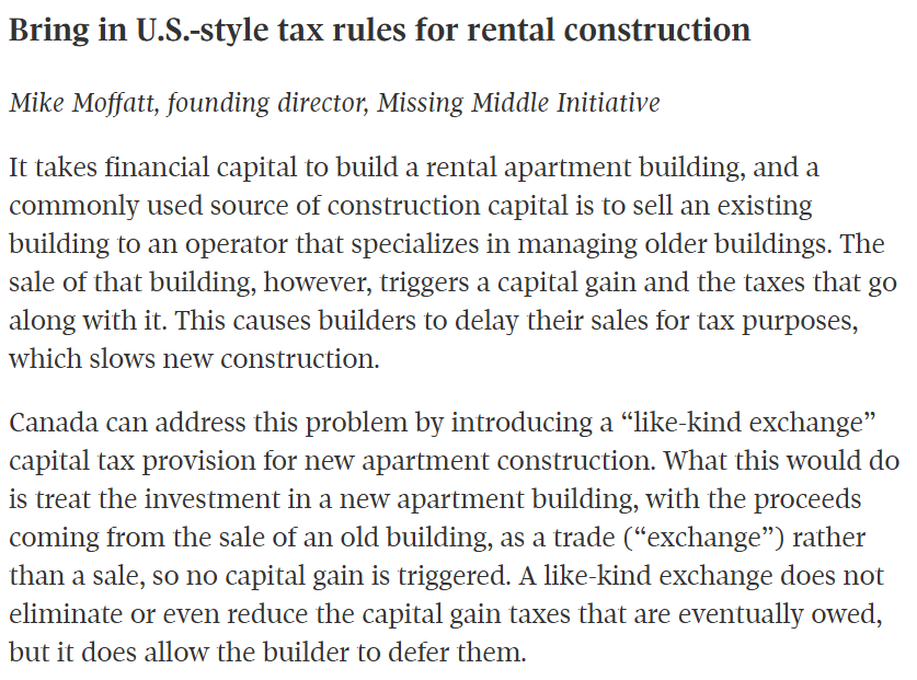 MikePMoffatt's tweet photo. The Globe and Mail asked a bunch of policy wonks for their ideas to improve our tax system. Mine: A "like-kind exchange" to get new rental apartments built in Canada rather than the US.

The full piece here: https://t.co/kde1NyGtqZ https://t.co/kEWXIHwfVk