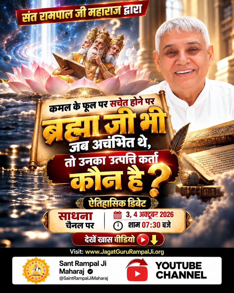 vivan_360's tweet photo. #OpenChallengeBy_SantRampalJi
कमल के फूल पर सचेत होने पर ब्रह्मा जी भी जब अचंभित थे, तो उनका जनक (उत्पत्ति कर्ता) कौन है?
देखें खास वीडियो "शास्त्रार्थ का शंखनाद" Sant Rampal Ji Maharaj YouTube Channel पर।
शास्त्रार्थ का शंखनाद https://t.co/ANGnF2WVUy