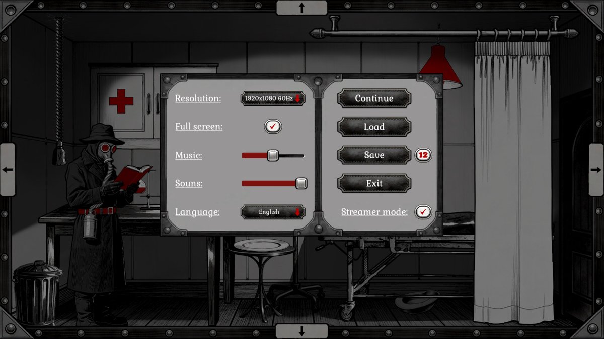 DGames71359's tweet photo. Happy #screenshotsaturday!
It’s not customary among developers to show off all kinds of UI elements and settings, but so much effort went into this that I wanted to share it.

In The Book of the Plagues, players complained that they couldn’t save their progress whenever they wanted - they had to restart the entire week from the beginning. Although the game didn’t penalize players for failed healing attempts, frequent failures caused frustration for some. I think I’ll be able to fix this in the sequel (most likely, it’ll be a special consumable potion that you can buy or craft).

And of course, I’ve decided to add a streamer mode - because the brutality and darkness of The Book of Plagues 2 will definitely surpass the original. And I don’t want streamers to get into trouble because of my game...

Share your thoughts! What do you think of the concept and design?

Always yours,
Scientist Doctor.

Steam: https://t.co/RopnvWDvOz

#Steam #DarkHumor #NarrativeGame #Atmospheric #Simulation