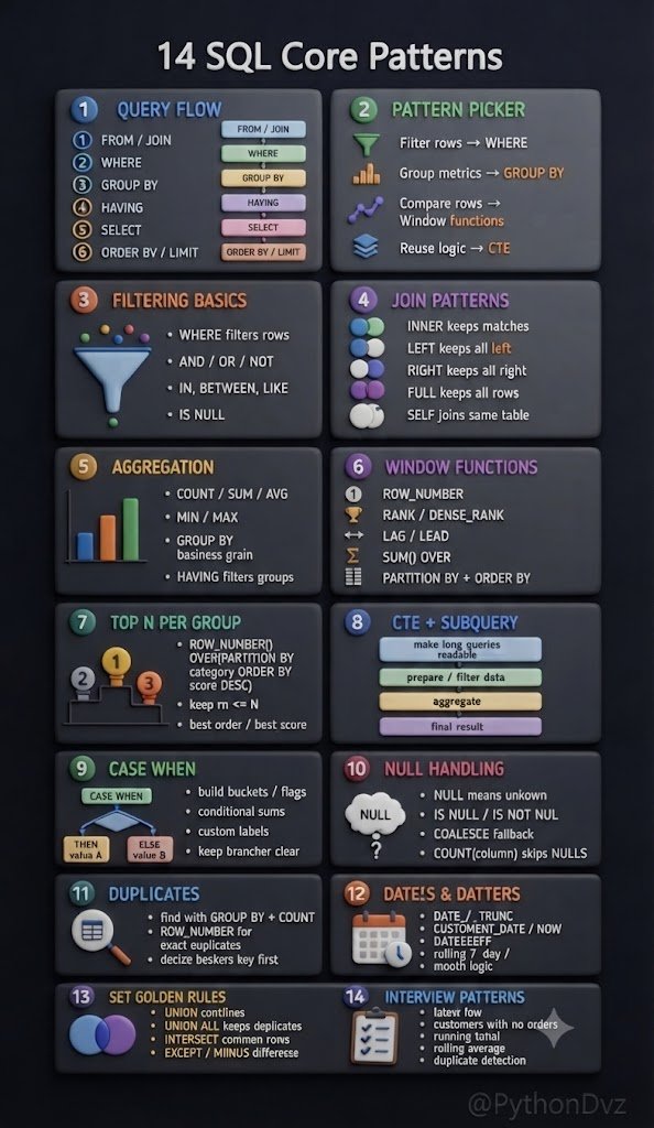 PythonDvz's tweet photo. 14 SQL Core Patterns https://t.co/biW8jmtV4q