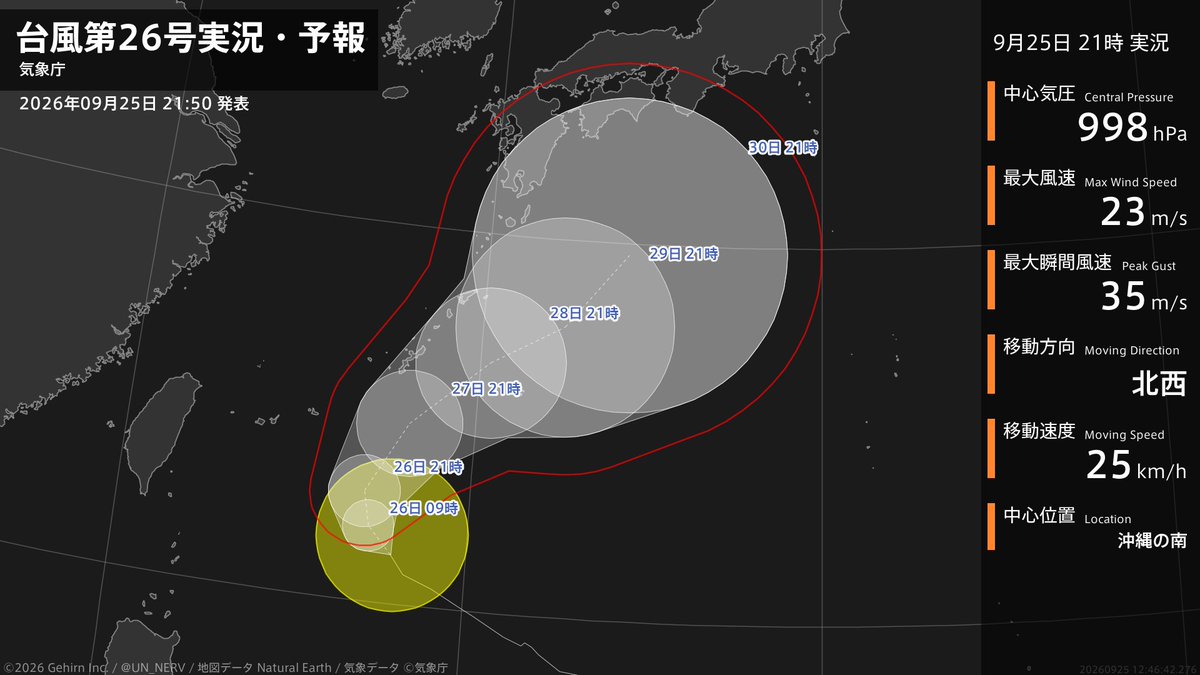 UN_NERV's tweet photo. 【台風第26号実況・予報 2026年09月25日 21:46】
台風第26号（スリゲ）は、沖縄の南を1時間に25キロの速さで北西に進んでいます。 https://t.co/ngqco8erLV