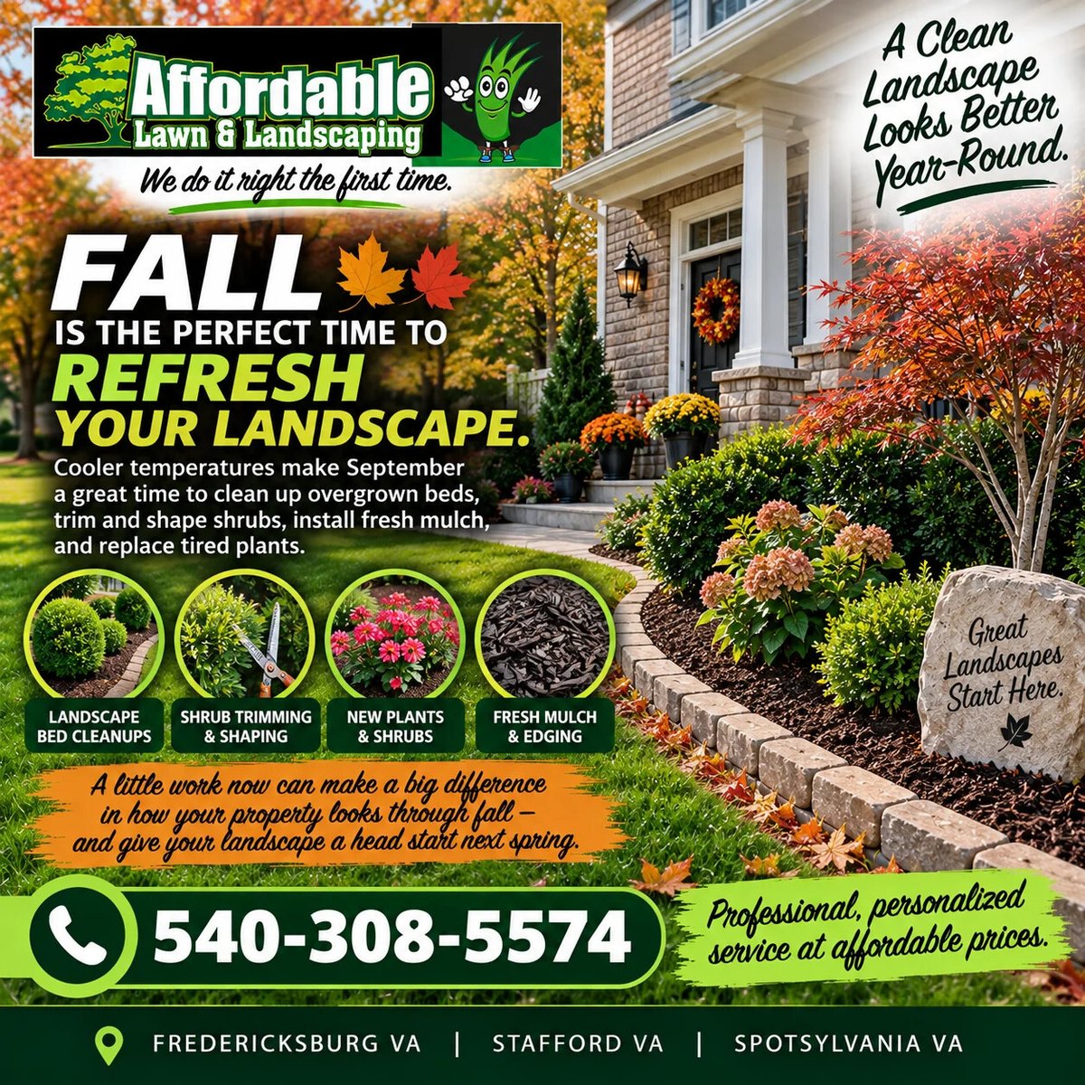 affordableva's tweet photo. 🍂 Refresh your landscape this fall! Cooler temps are perfect for bed cleanups, shrub shaping, fresh mulch, edging, and new plants. Give your property a polished look now—and a head start next spring. 📞 540-308-5574

#FallLandscaping #LandscapeCleanup #Mulch… https://t.co/mCv5dw6Qo7