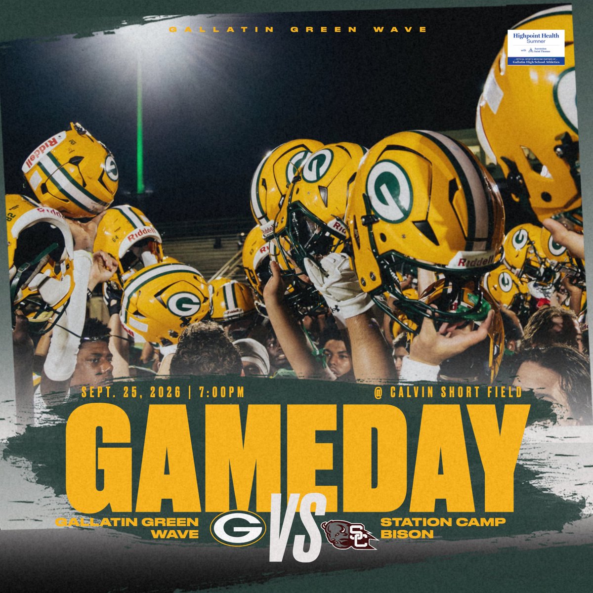 GHSWaveFootball's tweet photo. 🏈GAME DAY🏈 
🆚 - Station Camp High School 
🏟️ - Calvin Short Field 
📅 - Friday, Sept. 25th 
🕖 - 7:00 PM 
🎟️ - https://t.co/TyIHZqnrQq https://t.co/uLJNqSwlNI