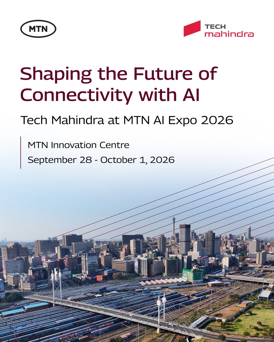 tech_mahindra's tweet photo. The journey to an #AIFirst future is transforming how organizations innovate, create value, and deliver connected experiences at scale. At Tech Mahindra, we believe AI is central to building intelligent, resilient, and future-ready enterprises.
Join us at MTN South Africa AI Expo 2026 as we collaborate with industry leaders, innovators, and technology partners to explore how #AI is shaping the future of connectivity and accelerating digital transformation across industries.
📅 28 September - 1 October 2026
📍 MTN Innovation Centre
Discover how AI can unlock new opportunities, drive meaningful business outcomes, and help organizations scale with confidence and speed.
Know more: https://t.co/utejODOrGV
#ScaleAtSpeed #MTNAIExpo2026 #AIFirst #DigitalTransformation