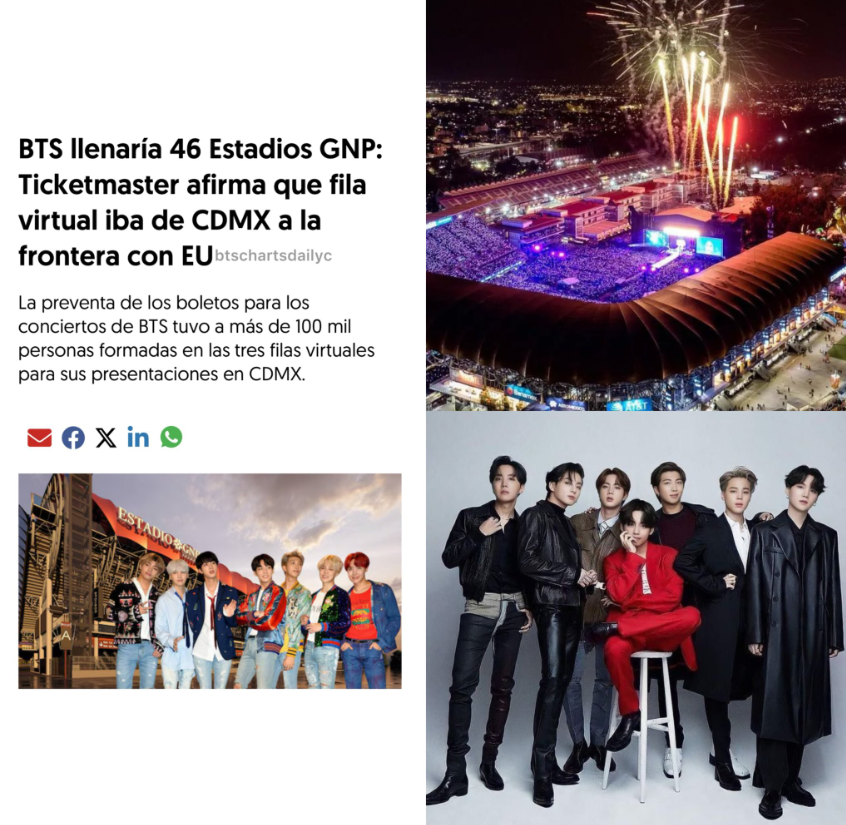 Aurorahi78's tweet photo. After today’s national embarrassment, I thought they’d stop comparing them to BTS,but they’re shameless Ticketmaster Mexico said BTS’ demand was equivalent to 46 GNP Stadium shows, with Mexican media reporting 40K, 40–50K and 70K gathered outside the stadium across the 3nights https://t.co/6xthFbKzL6