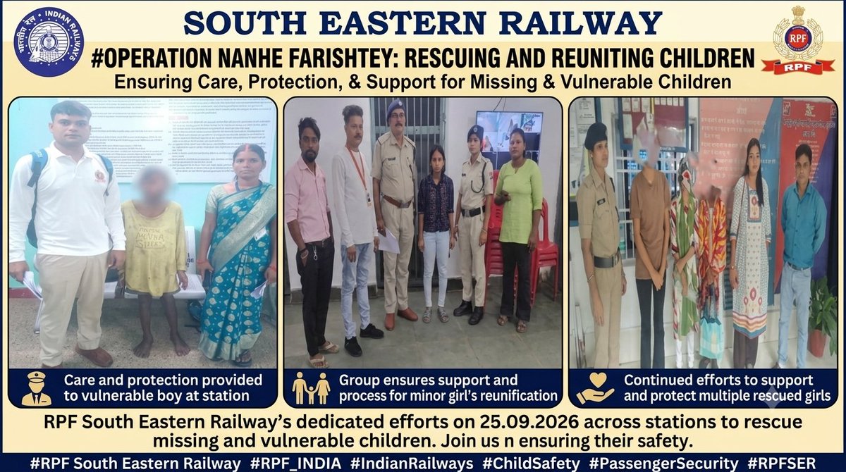 rpfser's tweet photo. Under #OperationNanheFarishtey, on 25.09.2026, #RPF South Eastern Railway rescued missing &amp; vulnerable children from railway stations, ensuring care, protection &amp; support for family reunification. #RPF_INDIA #IndianRailways #ChildSafety #PassengerSecurity #RPFSER https://t.co/mnjHm8dHO9