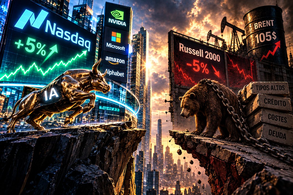 WStreet_Insider's tweet photo. Nasdaq +5% en un mes. Russell 2000 -5%.

Misma economía, dos mundos.

Con financiación cara y petróleo a 105 dólares, el mercado sigue premiando la promesa de la IA y castigando a quien depende del crédito.

La divergencia ya empieza a ser la historia.

#IA #Mercados https://t.co/kwpHhUHitm