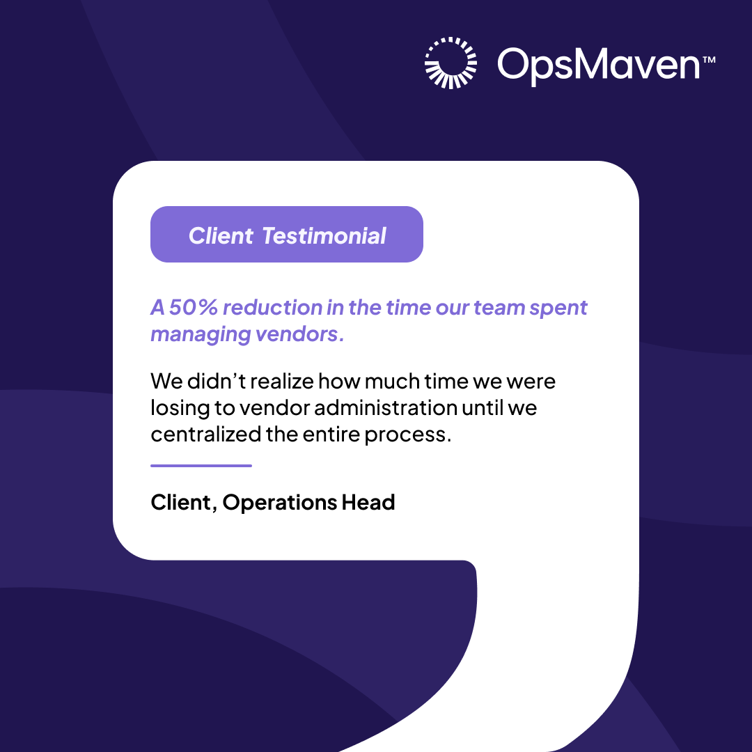 ops_maven's tweet photo. “A 50% reduction in the time our team spent managing vendors.” That is what one client's operations head reported after moving vendor management to OpsMaven. Want to simplify your vendor management? DM us or contact OpsMaven to learn more.  https://t.co/KN5bj3dGkn 
#OpsMaven https://t.co/zH2eHtZpUb