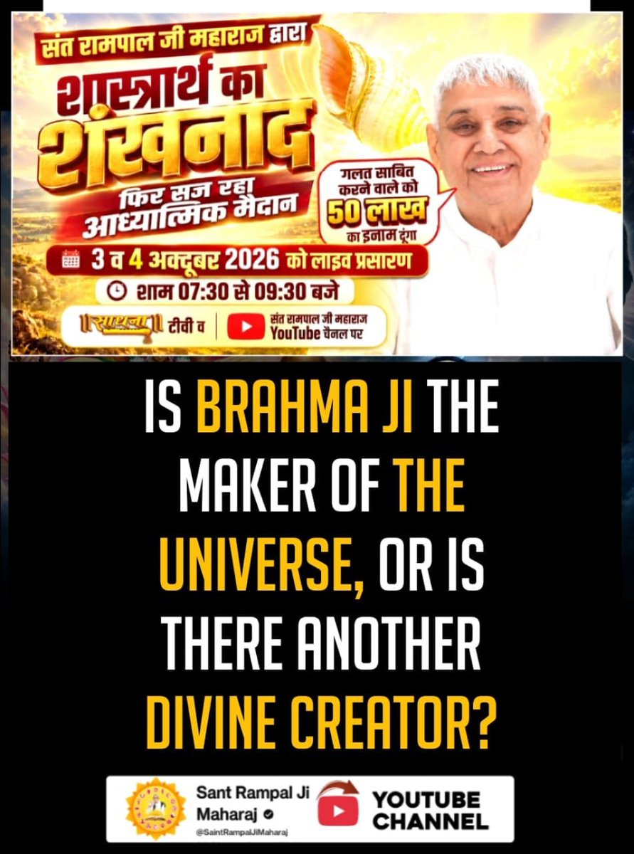 kabeerlove336's tweet photo. #OpenChallengeBy_SantRampalJi
क्या ब्रह्मा जी ही सृष्टि के निर्माता हैं,या कोई और परम दिव्य शक्ति है? 
📖 इस गूढ़ प्रश्न पर होने वाला शास्त्रार्थ जरूर देखिए।
3 एवं 4 अक्टूबर 2026
🕢 शाम 7:30 से 9:30 बजे तक
📺 लाइव प्रसारण: साधना TV एवं YouTube
सत्य क्या है?
शास्त्रार्थ का शंखनाद https://t.co/CSpqu8FC2Q