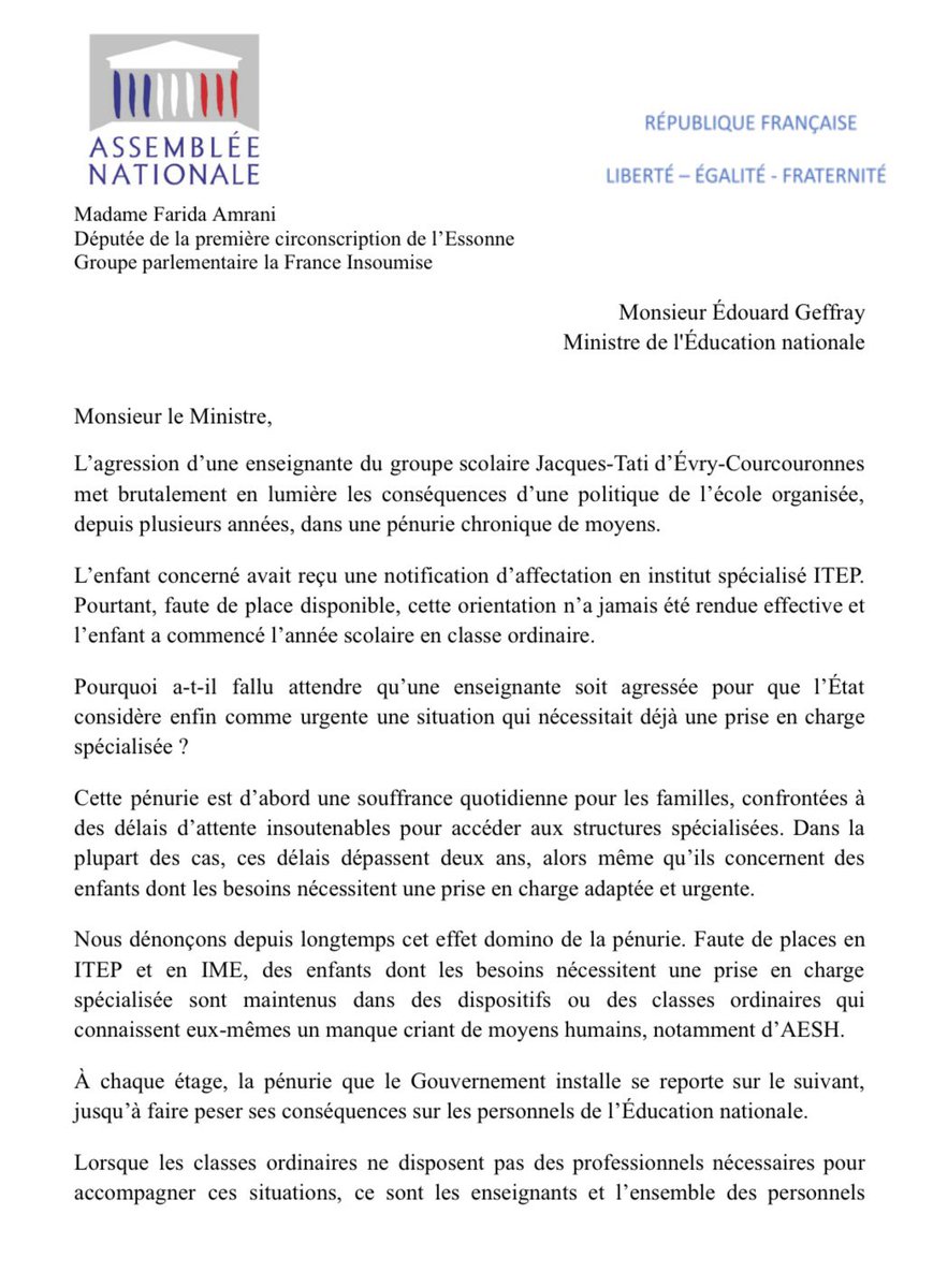 Farida_Amrani_'s tweet photo. Il faut donc attendre l’agression d’une enseignante pour qu’une notification MDPH soit exécutée ?

Pas de places en structures spécialisées, pas d’AESH en parcours classique… 

Tout repose sur les enseignants à qui vous comptez imposer un nouveau budget de casse cette année 👇 https://t.co/HPUZnlFy3W