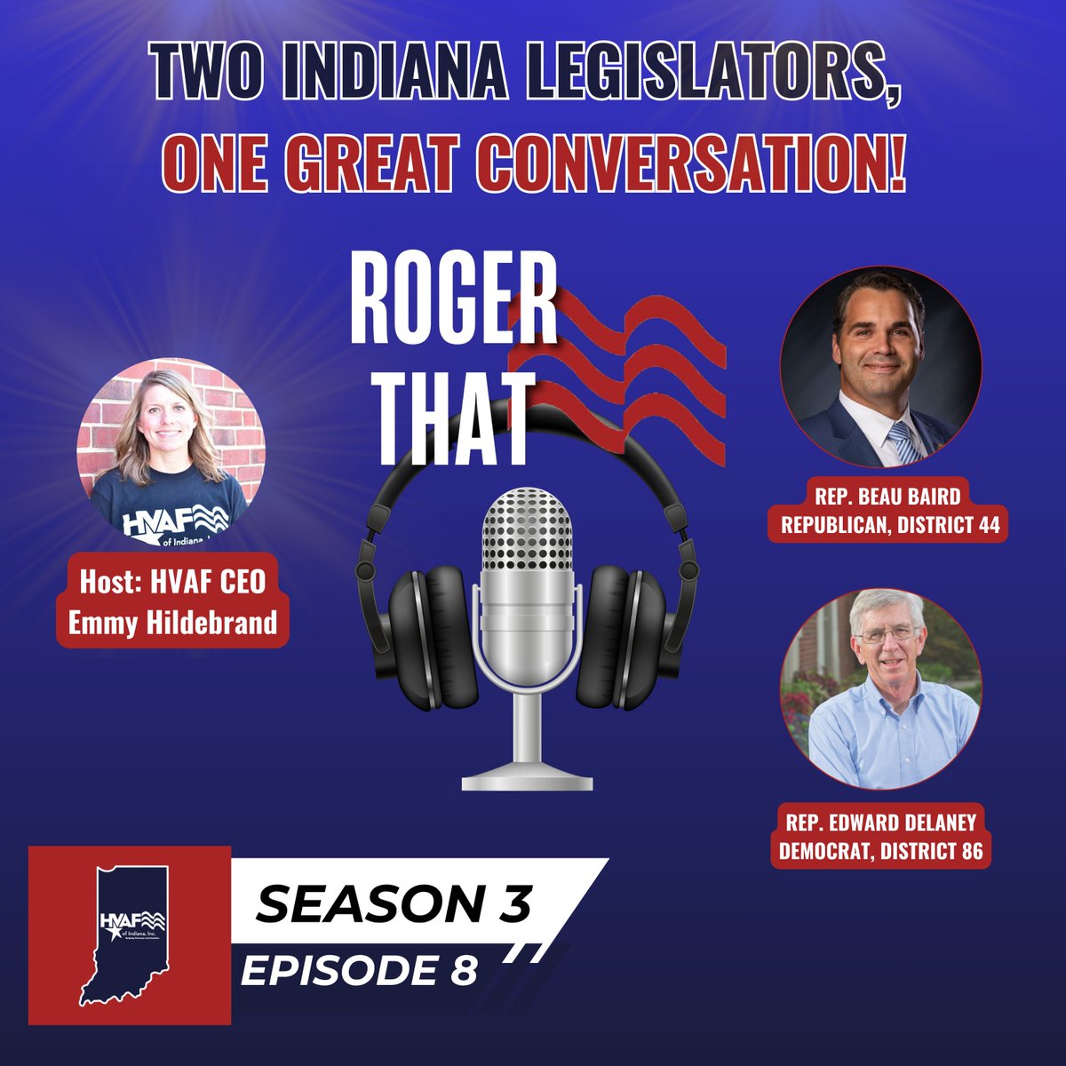 HVAFofIndiana's tweet photo. ๐๏ธ COMING SOON: A new episode of Roger That! unites Indiana legislators from both sides of the aisle. Host Emmy Hildebrand is joined by Rep. Beau Baird (R, District 44) and Rep. Edward DeLaney (D, District 86)!
Check our FB page on Monday for the FULL video episode!
#RogerThat https://t.co/a7OGQAc8AZ