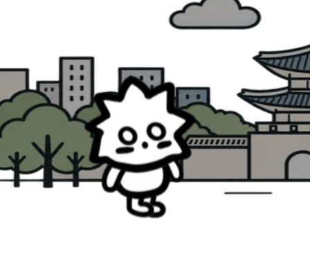 A simple cartoon illustration of a small white character with spiky hair standing in front of a cityscape that includes trees, buildings, and an Asian-style temple.