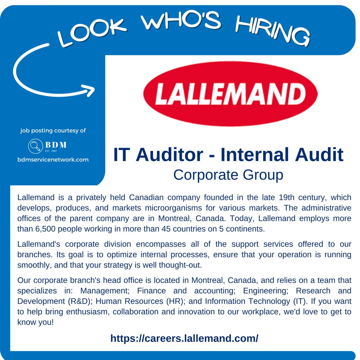 jobsfrombdm's tweet photo. 🍁 #JobAlert 🇨🇦
IT Auditor – Internal Audit 🛡️
📍 Montréal, Québec / Hybrid
→ Lallemand (Corporate Group)
📄 For the job description and to apply, visit 🔗 https://t.co/SSx5I1xCRK
#CanadaJobs #QuebecJobs #MontrealJobs #ITAuditor #ITAuditJobs #ITAudit #InternalAuditJobs #InternalAudit #InformationTechnologyJobs #ITRisk #RiskManagement #CybersecurityJobs #Cybersecurity #ITGovernance #ITControls #ERP #CISA #HybridJobs #OpportunityAlert #Hiring #HiringAlert #Jobs #Careers #HiringNow #NowHiring