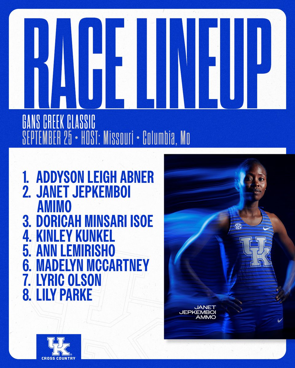 KentuckyTrack's tweet photo. Lineup cards today for the Cats at the Gans Creek Classic 😼 

⏰ Women’s 6k Gold: 9 a.m. ET
⏰ Men’s 8k Gold: 9:45 a.m. ET
⏰ Women’s 6k Black: 10:30 a.m ET

📊 https://t.co/TmEBtD8Zub

#WeAreUK | #UKTF https://t.co/cGIO5SkCPD