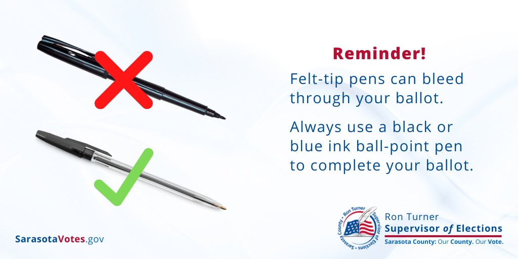 sarasotavotes's tweet photo. Helpful tip for voters: Remember to use a black or blue ink ballpoint pen when completing your ballot. Don't use a felt-tip pen—it can bleed through the paper and spoil your ballot. https://t.co/svnwOcX4mI