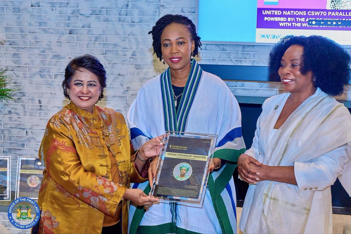 FirstLadyBio's tweet photo. Honoured Among Icons: A Moment of Gratitude and Reflection

I am deeply honoured and humbled to have been recognised as an Iconic Woman of the Year at the UNGA81 Powerlist Honours in New York.

To receive this recognition during the United Nations General Assembly is a privilege I accept with immense gratitude—not only as First Lady of Sierra Leone, but as a woman committed to using her voice and platform to advance the lives of women and girls, both in Sierra Leone and across Africa.

What makes this moment particularly special is the privilege of being honoured alongside three remarkable women who have served their nations at the highest level: H.E. Dr. Joyce Hilda Banda, former President of the Republic of Malawi; H.E. Dr. Ameenah Gurib-Fakim, former President of the Republic of Mauritius; and H.E. Rosalía Arteaga Serrano, former President of the Republic of Ecuador.

Standing in the company of such distinguished women is a reminder that leadership is not simply about the positions we hold, but about the lives we touch, the doors we open for others, and the legacy we leave behind.

My own journey has always been deeply connected to the voices of women and girls. From Hands Off Our Girls and the fight against child marriage and gender-based violence, to advancing girls’ education, women’s health, empowerment and dignity, I believe that every girl deserves the opportunity to determine the course of her own life.

I dedicate this recognition to the women and girls of Sierra Leone, Africa and beyond whose courage continues to inspire my work.

I remain grateful to everyone who continues to believe in the power of women’s leadership and to those who walk alongside me in this journey.

With gratitude, humility and renewed determination.

FMB