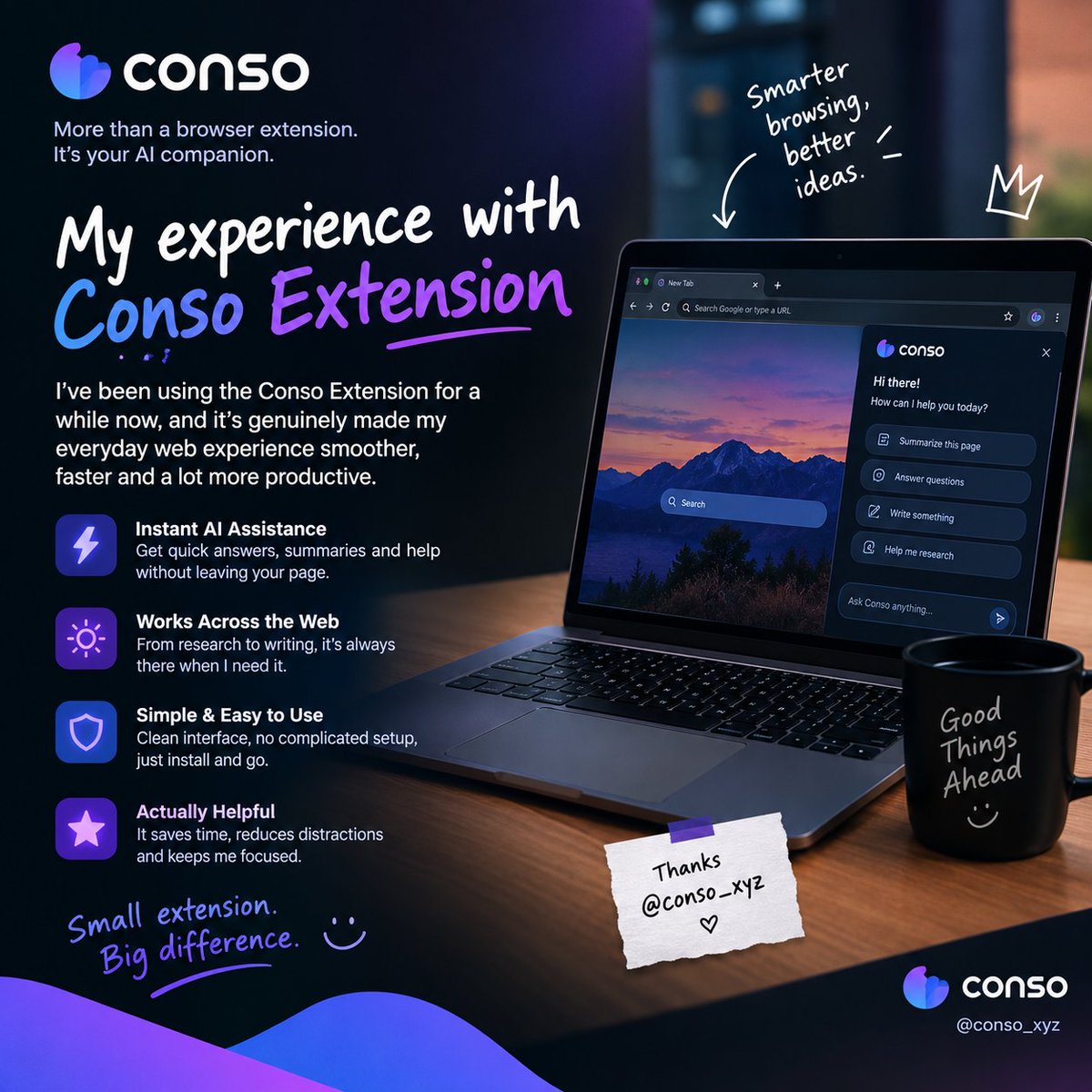 Sachchi4993's tweet photo. Been exploring @conso_xyz again 👀
What I like about the Extension is how it keeps AI assistance right where I’m already browsing. No need to keep switching between different tools.
Simple idea, but actually useful. ⚡ https://t.co/hZUypnFg0A