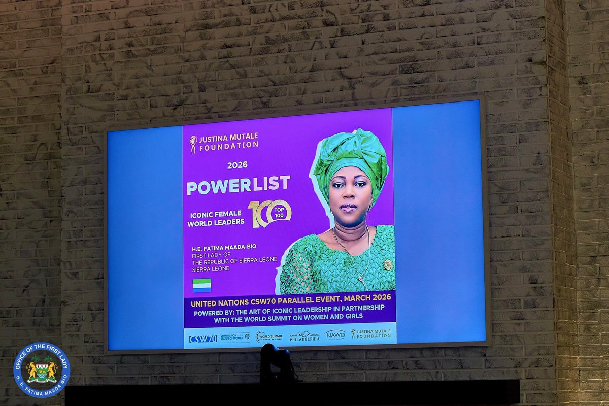 FirstLadyBio's tweet photo. Honoured Among Icons: A Moment of Gratitude and Reflection

I am deeply honoured and humbled to have been recognised as an Iconic Woman of the Year at the UNGA81 Powerlist Honours in New York.

To receive this recognition during the United Nations General Assembly is a privilege I accept with immense gratitude—not only as First Lady of Sierra Leone, but as a woman committed to using her voice and platform to advance the lives of women and girls, both in Sierra Leone and across Africa.

What makes this moment particularly special is the privilege of being honoured alongside three remarkable women who have served their nations at the highest level: H.E. Dr. Joyce Hilda Banda, former President of the Republic of Malawi; H.E. Dr. Ameenah Gurib-Fakim, former President of the Republic of Mauritius; and H.E. Rosalía Arteaga Serrano, former President of the Republic of Ecuador.

Standing in the company of such distinguished women is a reminder that leadership is not simply about the positions we hold, but about the lives we touch, the doors we open for others, and the legacy we leave behind.

My own journey has always been deeply connected to the voices of women and girls. From Hands Off Our Girls and the fight against child marriage and gender-based violence, to advancing girls’ education, women’s health, empowerment and dignity, I believe that every girl deserves the opportunity to determine the course of her own life.

I dedicate this recognition to the women and girls of Sierra Leone, Africa and beyond whose courage continues to inspire my work.

I remain grateful to everyone who continues to believe in the power of women’s leadership and to those who walk alongside me in this journey.

With gratitude, humility and renewed determination.

FMB