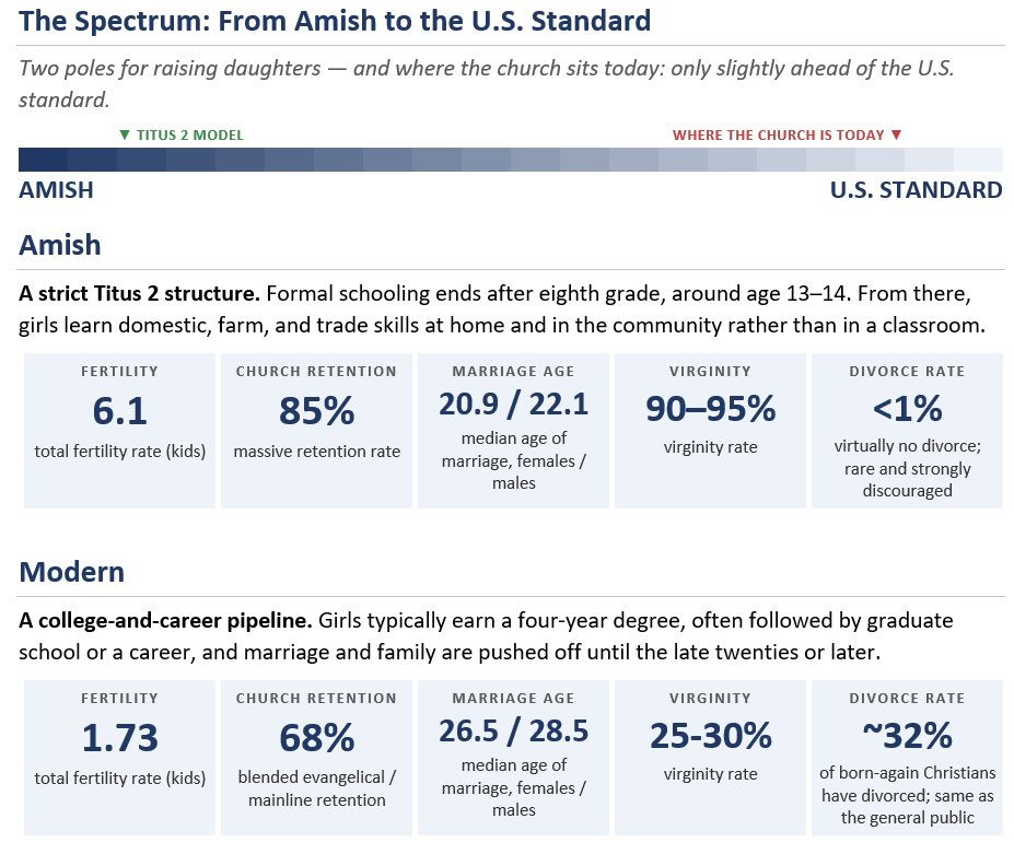 godlywomanhood's tweet photo. The Amish girls are educated up until 13-14. They have a fertility rate of 6.1, church attendance at 85%, marriage age 21 to 22, virginity rate 90-95%, and divorce rate less than 1%.

College educated career woman have a fertility rate of 1.73, church attendance of 68%, marriage age 27 to 28, virginity rate 25-30%, and divorce rate of 32%.

But go ahead and tell me how important it is that your daughters go to college and have a career.