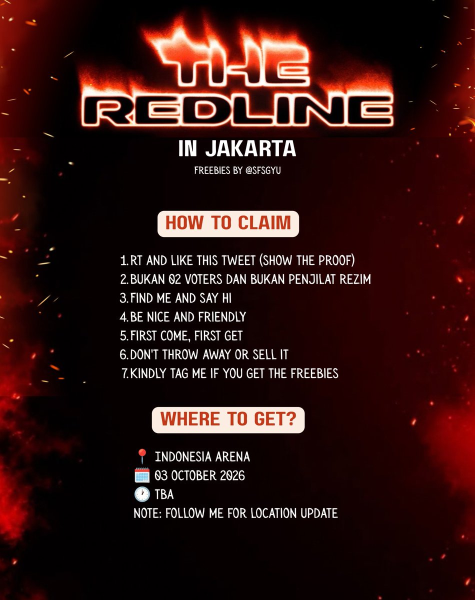 sfsgyu's tweet photo. ˙⋆｡˚₊ NEO CITY: JAKARTA - THE REDLINE ₊˚｡⋆˙

— Freebies by : @sfsgyu
˚₊‧꒰ა RT + likes appreciated ໒꒱ ‧₊˚

📍 Indonesia Arena (IA)
🗓 03 October 2026
🕒 TBA

🔥 see details and rules in pict
🔥 ± 100 pcs

#NCT127 #THE_REDLINE #NCT127_5TH_NEOCITY_THE_REDLINE #NCT127inJAKARTA