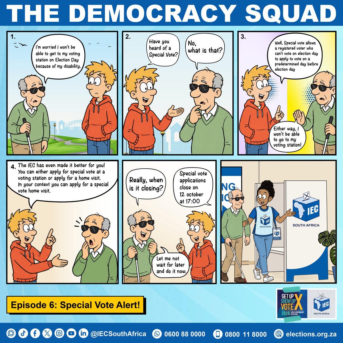 IECSouthAfrica's tweet photo. Democracy Squad: Special Vote Alert! 🗳️

Did you know? If you can’t make it to your voting station on Election Day, you can apply for a Special Vote!
Options available:
🔹 At your Voting Station
🔹 Home Visit (Must be home 07:00–21:00)

Apply Here: https://t.co/PaOkgSe6Qi

#IEC https://t.co/yqCnKgFbZC