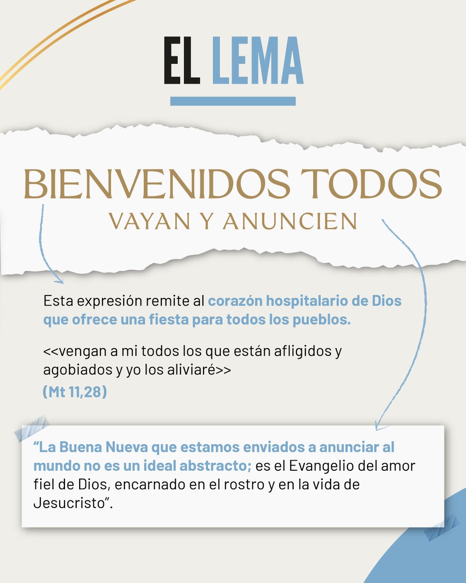 Programa_FE's tweet photo. Bienvenidos todos. Vayan y anuncien.

El lema y el logo de la visita del Papa León XIV expresan una llamada a la apertura, al anuncio y a caminar juntos como Pueblo de Dios. https://t.co/6gbHrqruid