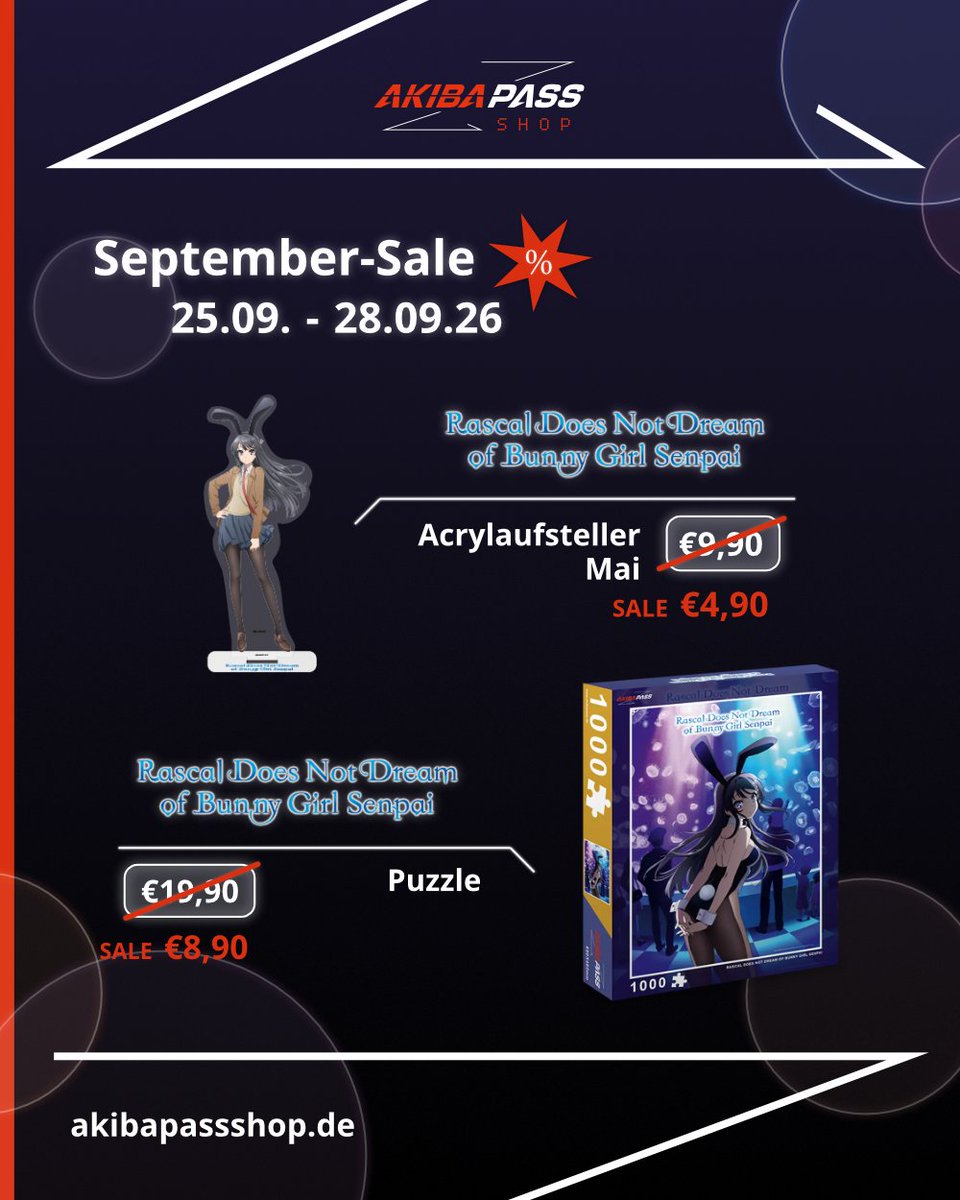 PepperAnime's tweet photo. Unsere Highlights im Sale:
🐰 Rascal Does Not Dream of Bunny Girl Senpai – Staffelbox (BD) – 29,90€ (34%)
🎬 Rascal Does Not Dream of … Movie #2 + Movie #3 – Limited Edition (BD) – 49,90€ (33%)
🎴 Rascal Does Not Dream of Bunny Girl Senpai – Acrylaufsteller Mai – 4,90€ (50%) https://t.co/H2VAoTJYhk