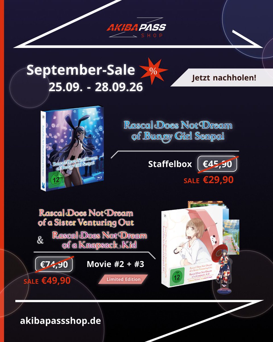 PepperAnime's tweet photo. Unsere Highlights im Sale:
🐰 Rascal Does Not Dream of Bunny Girl Senpai – Staffelbox (BD) – 29,90€ (34%)
🎬 Rascal Does Not Dream of … Movie #2 + Movie #3 – Limited Edition (BD) – 49,90€ (33%)
🎴 Rascal Does Not Dream of Bunny Girl Senpai – Acrylaufsteller Mai – 4,90€ (50%) https://t.co/H2VAoTJYhk