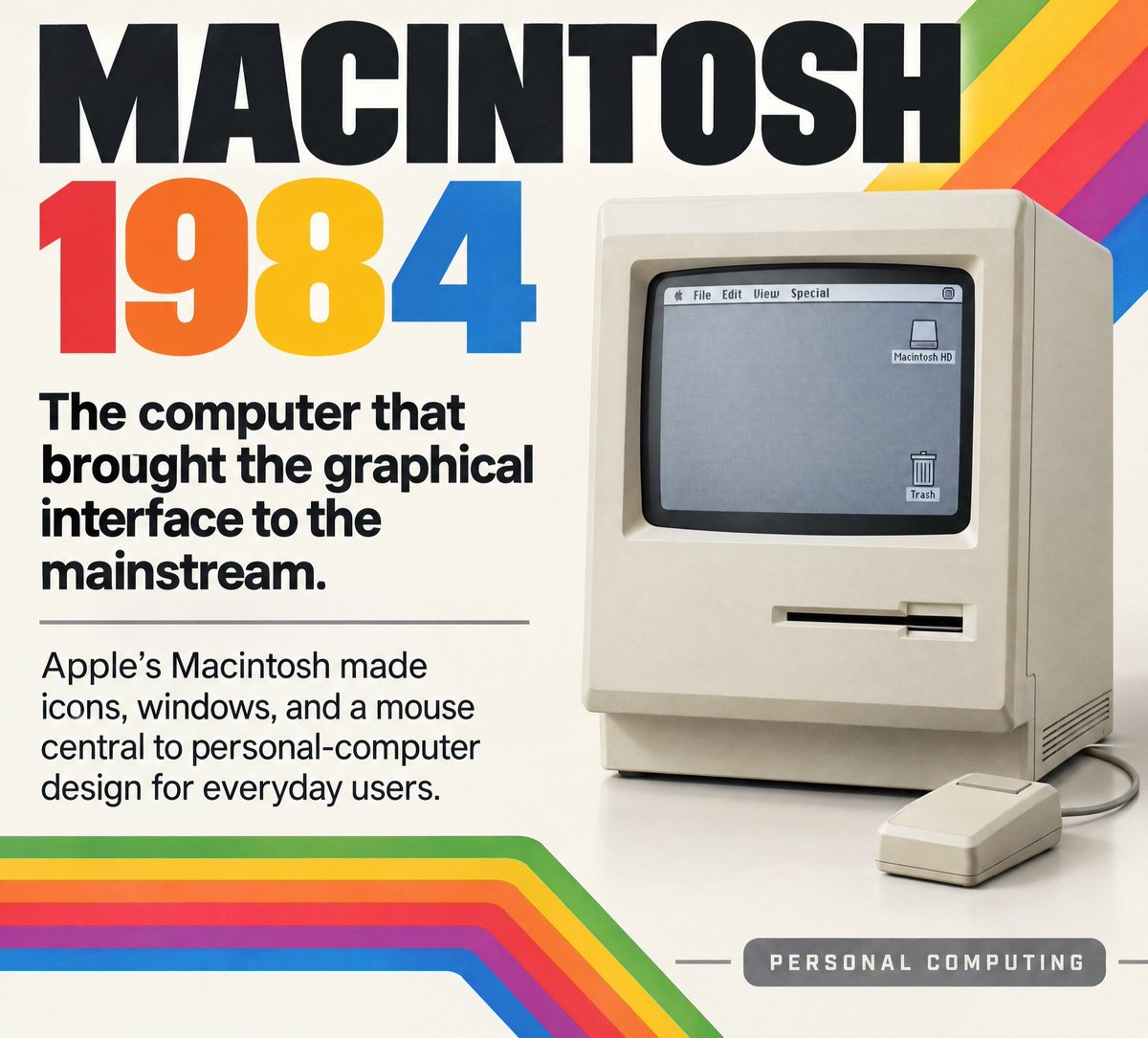 Facts_residence's tweet photo. 🖥️ 1984: THE COMPUTER THAT CHANGED HOW WE COMPUTE
Before computers felt intuitive, they often looked like machines made for specialists.
Then came Apple’s Macintosh.
#Macintosh #Apple #TechHistory #ComputerHistory #facts_residence https://t.co/7SuncamPh7