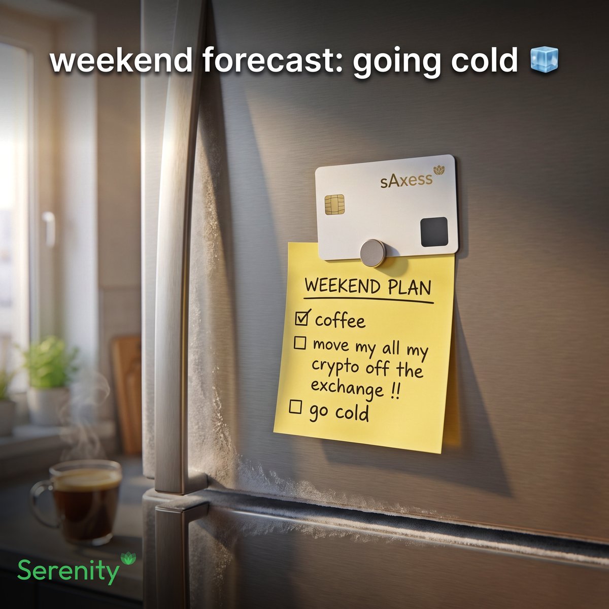 SerenityStech's tweet photo. Hot wallet 
Warm wallet 
Withdrawals paused 

The weekend forecast says go cold 🧊

#sAxess https://t.co/glShhmixFv