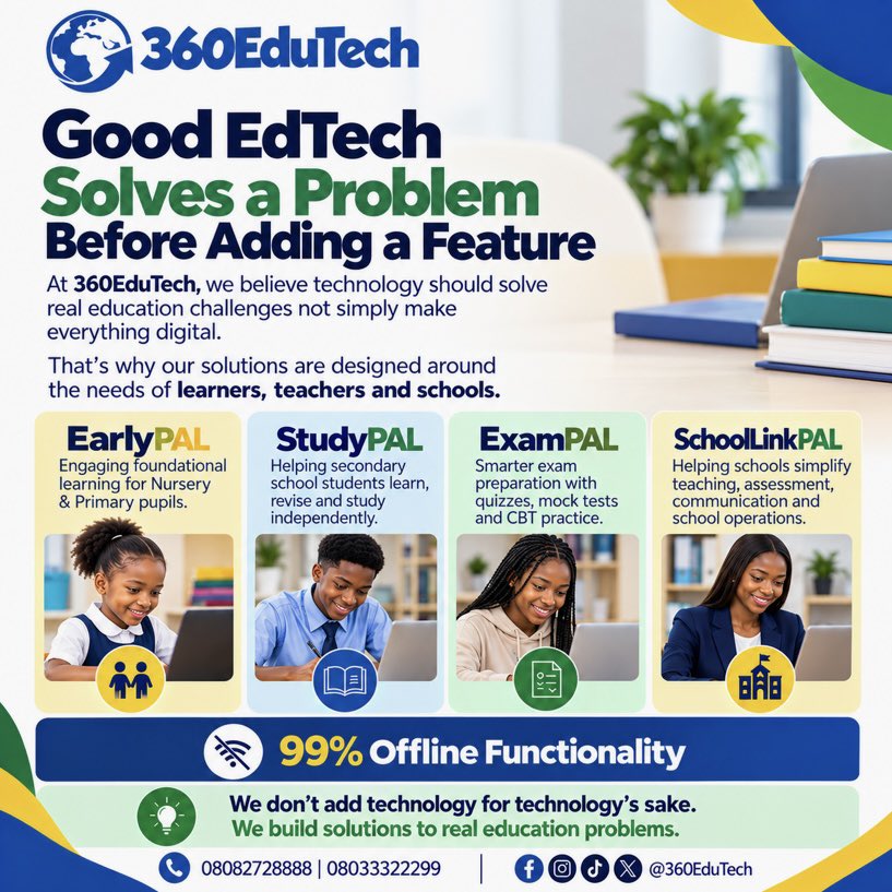 360EduTechNG's tweet photo. Good EdTech isn’t about adding more features. It’s about solving real education challenges.

At 360EduTech, our solutions are built around the needs of learners, teachers and schools with 99% offline functionality. https://t.co/ceZTGfB3Wh
