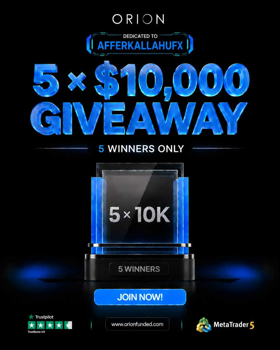 AfferkallahuFX's tweet photo. 🚨 $50,000 GIVEAWAY! 🚨
 5 × $10K Orion Funded 🎁

HOW TO ENTER 👇

✅ Follow: @Afferkallahufx
✅ Follow: @OrionAffiliates
✅ Follow: @orionfundedcom

Like & Repost this post
💬 Tag 3 traders in the comment 

Also Follow : @Phoenixmmxm @Usmanfx__ @mnazirfx @AminuIbrahim012  @huzaeefah_II @ab_said02 @Been_Omar_FX  @Geedow_  

Winners in 72hrs