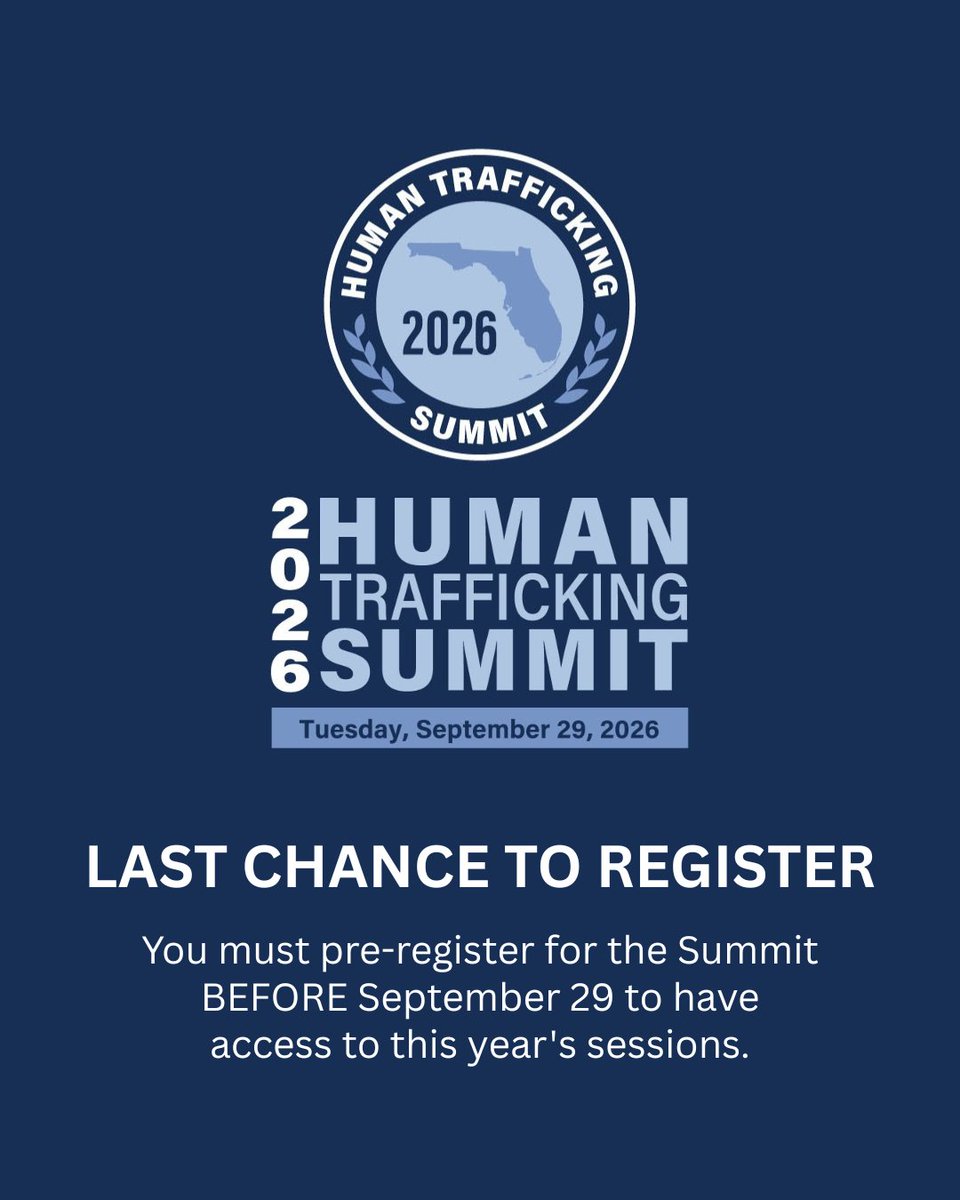 central_safe's tweet photo. REGISTRATION CLOSING SOON!
It's FREE, online, and open to everyone - with sessions on legal, service delivery, and education & awareness you can watch on your schedule.
https://t.co/611fVkhczo
#safecf #humantraffickingsummit #endhumantrafficking #centralflorida https://t.co/wrytR7WVK3