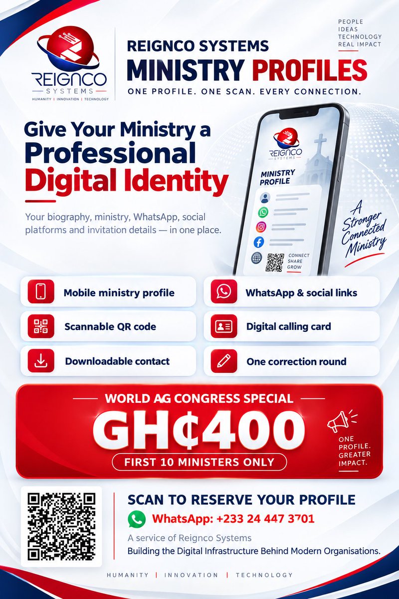 reigncosystems's tweet photo. The Digital Ministry Profile will give you one professional link and QR code containing your biography, ministry information, 
✅ Mobile ministry profile
✅ Personal profile link
✅ Scannable QR code
✅ Digital calling card
✅ Downloadable contact
✅ WhatsApp &amp; social-media link https://t.co/BJsZiAO4xT