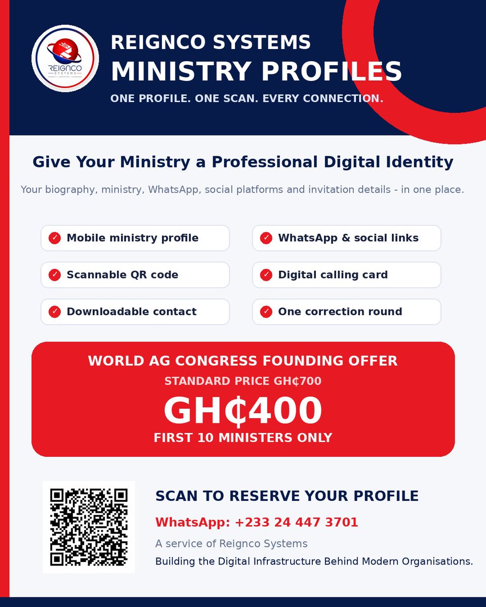 reigncosystems's tweet photo. The Digital Ministry Profile will give you one professional link and QR code containing your biography, ministry information, 
✅ Mobile ministry profile
✅ Personal profile link
✅ Scannable QR code
✅ Digital calling card
✅ Downloadable contact
✅ WhatsApp &amp; social-media link https://t.co/BJsZiAO4xT