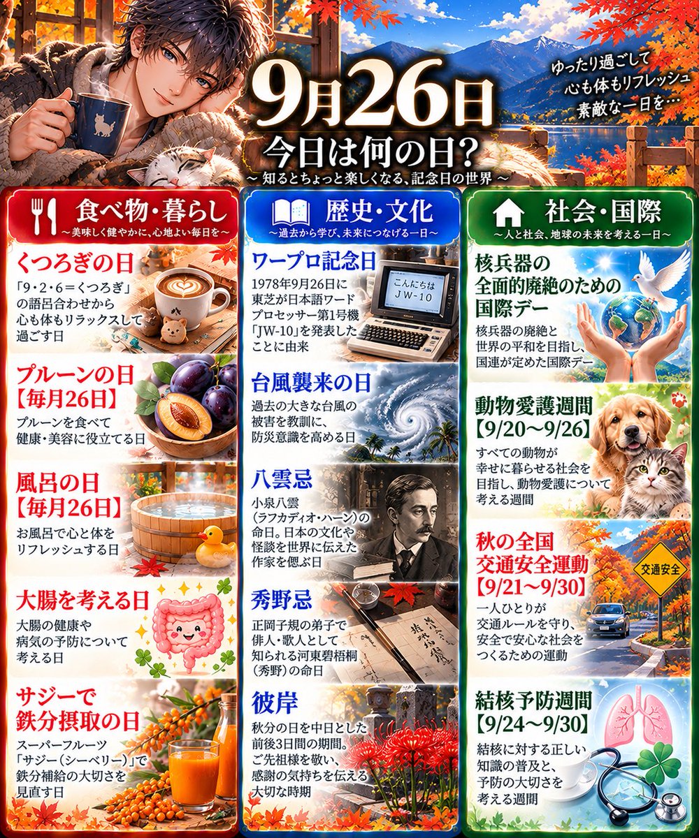 sio7056's tweet photo. おはようー☀️😊

🍁✨9月26日は何の日？✨💻
今日は「ワープロ記念日」「くつろぎの日」「風呂の日」「核兵器の全面的廃絶のための��際デー」など、いろんな記念日があるよ😆✨

今日はちょっとゆっくり、心と体をリフレッシュする日にしてみよう☕️🛁🍂
今日も楽しく頑張ろうー！💪🔥

 #今日は何の日 https://t.co/oZVAoOjaGA