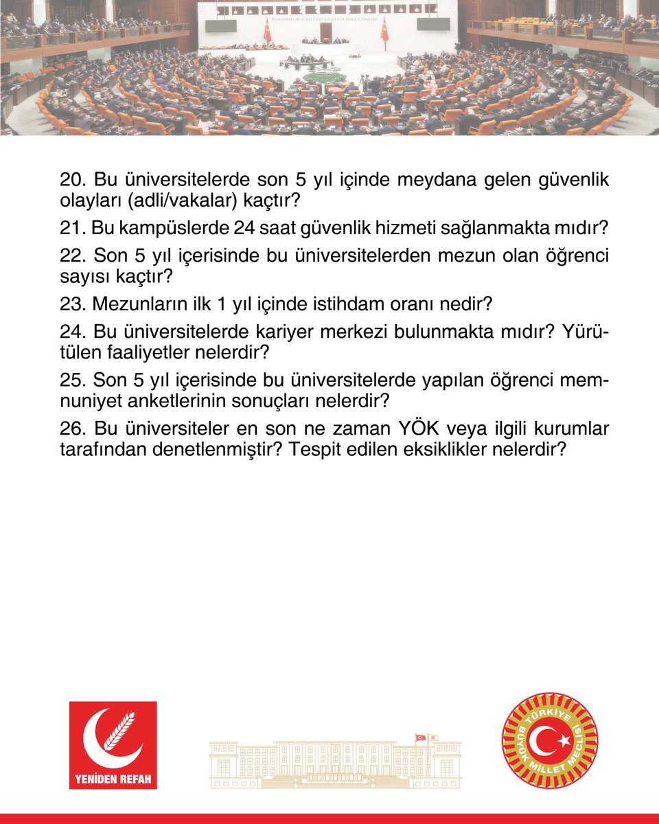 rprefahpartisi's tweet photo. Konya’daki üniversitelerin öğrenci ve akademik personel sayıları, fiziki ve teknolojik altyapıları, sosyal ve sportif imkânları, yemekhane ve kütüphane kapasiteleri ile ilgili güncel verilerin açıklanması istenmektedir.
Ayrıca engelli öğrencilere sunulan imkânlar, kampüs güvenliği, sağlık hizmetleri, son 5 yıldaki mezuniyet ve istihdam oranları ile yeni açılan bölüm ve programlar hakkında bilgi talep edilmektedir. Konu ile ilgili yazılı soru önergemiz, Konya Milletvekilimiz Ali Yüksel tarafından TBMM’ye sunulmuştur.