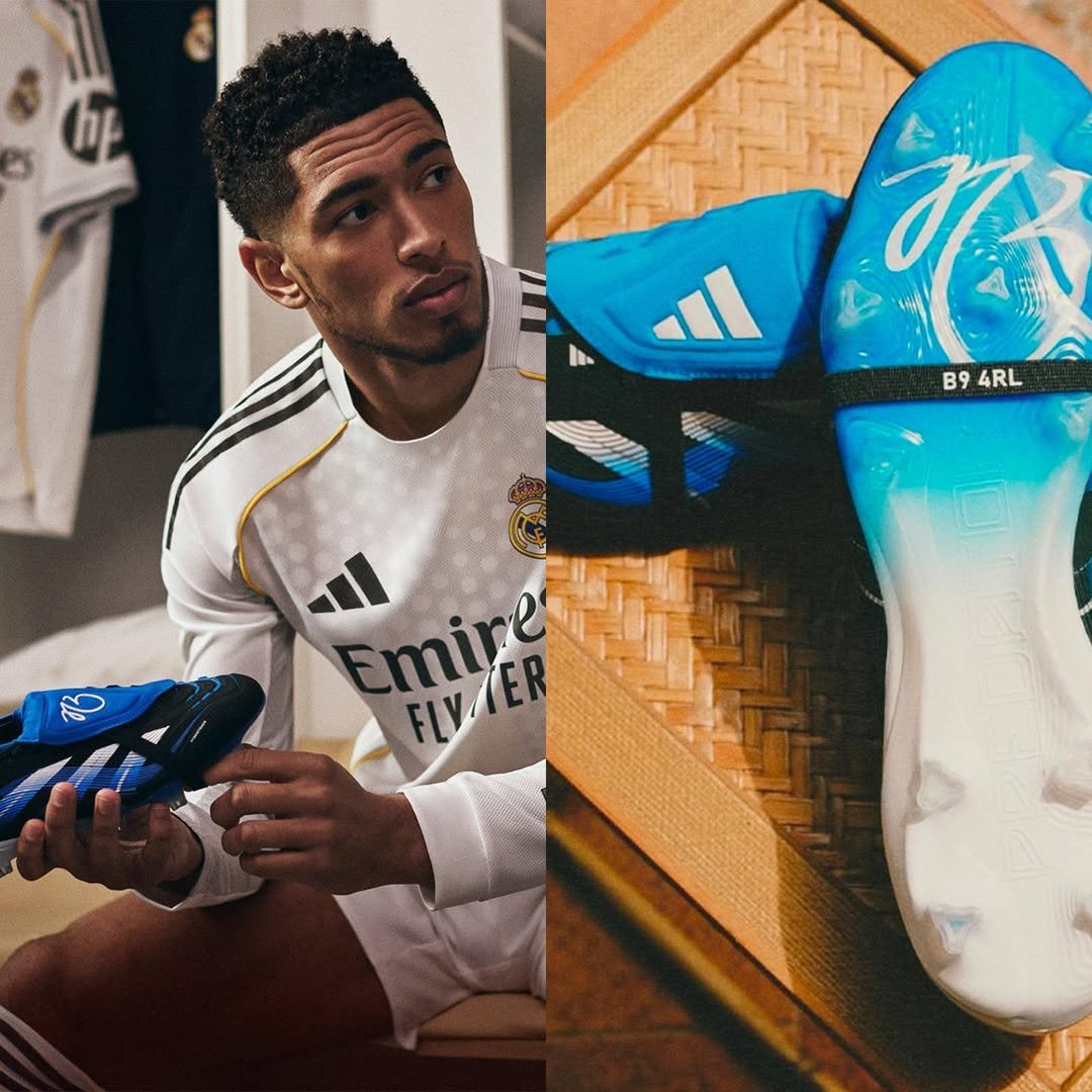 theawayfans's tweet photo. Jude Bellingham’s latest signature boots pay tribute to where it all started.

The adidas Predators feature Birmingham City-inspired blue and white details, along with the postcode from the area where he grew up. 

From St Andrew’s to the Bernabéu... https://t.co/PTjqAUCGDV