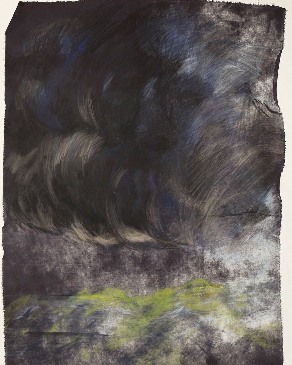 BretMenoni's tweet photo. L’Orage, suite de la série Les Nuits Claires, inspirée d’un séjour à Tromsø, en Norvège. Une réflexion sur la lumière, le temps et notre place face à un monde qui nous échappe. Monotype textile et crayons de couleur, 60 × 80 cm, 2025. https://t.co/MjxpaymBF6