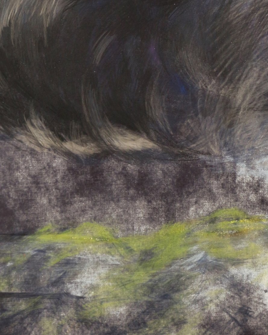 BretMenoni's tweet photo. L’Orage, suite de la série Les Nuits Claires, inspirée d’un séjour à Tromsø, en Norvège. Une réflexion sur la lumière, le temps et notre place face à un monde qui nous échappe. Monotype textile et crayons de couleur, 60 × 80 cm, 2025. https://t.co/MjxpaymBF6