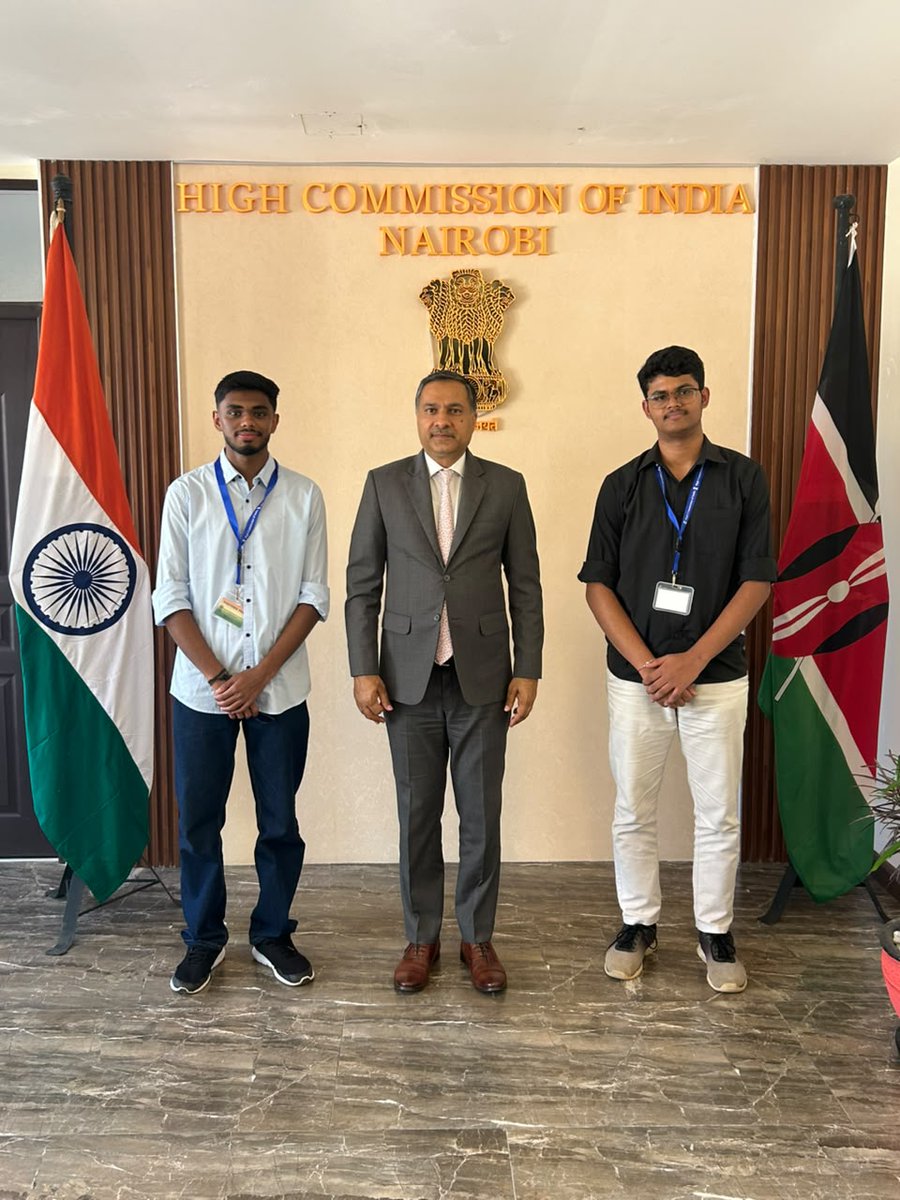 IndiainKenya's tweet photo. High Commissioner @AdarshSwaika1 met Mr. Kamal Nimesh Kumar Patel and Mr. Sangeeth Sundaresa Prabhu, two out of the three students from Kenya who have qualified for Bachelors degree programme in IIT Madras Zanzibar @IITMZanzibar  

High Commissioner congratulated them on their selection and wished them all success for their academic programme. 

IIT Madras Zanzibar in Tanzania is the first-ever international campus set up by an Indian Institute of Technology (IIT) in 2023 as a joint initiative between the Governments of India, Tanzania and Zanzibar.

@iitmadras @EduMinOfIndia @aryasamajschool @IndiainTanzania @ANI @DDNewslive