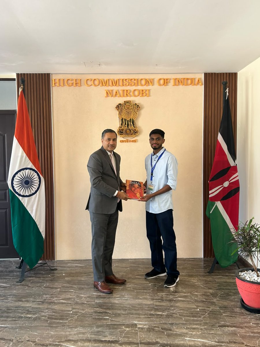 IndiainKenya's tweet photo. High Commissioner @AdarshSwaika1 met Mr. Kamal Nimesh Kumar Patel and Mr. Sangeeth Sundaresa Prabhu, two out of the three students from Kenya who have qualified for Bachelors degree programme in IIT Madras Zanzibar @IITMZanzibar  

High Commissioner congratulated them on their selection and wished them all success for their academic programme. 

IIT Madras Zanzibar in Tanzania is the first-ever international campus set up by an Indian Institute of Technology (IIT) in 2023 as a joint initiative between the Governments of India, Tanzania and Zanzibar.

@iitmadras @EduMinOfIndia @aryasamajschool @IndiainTanzania @ANI @DDNewslive