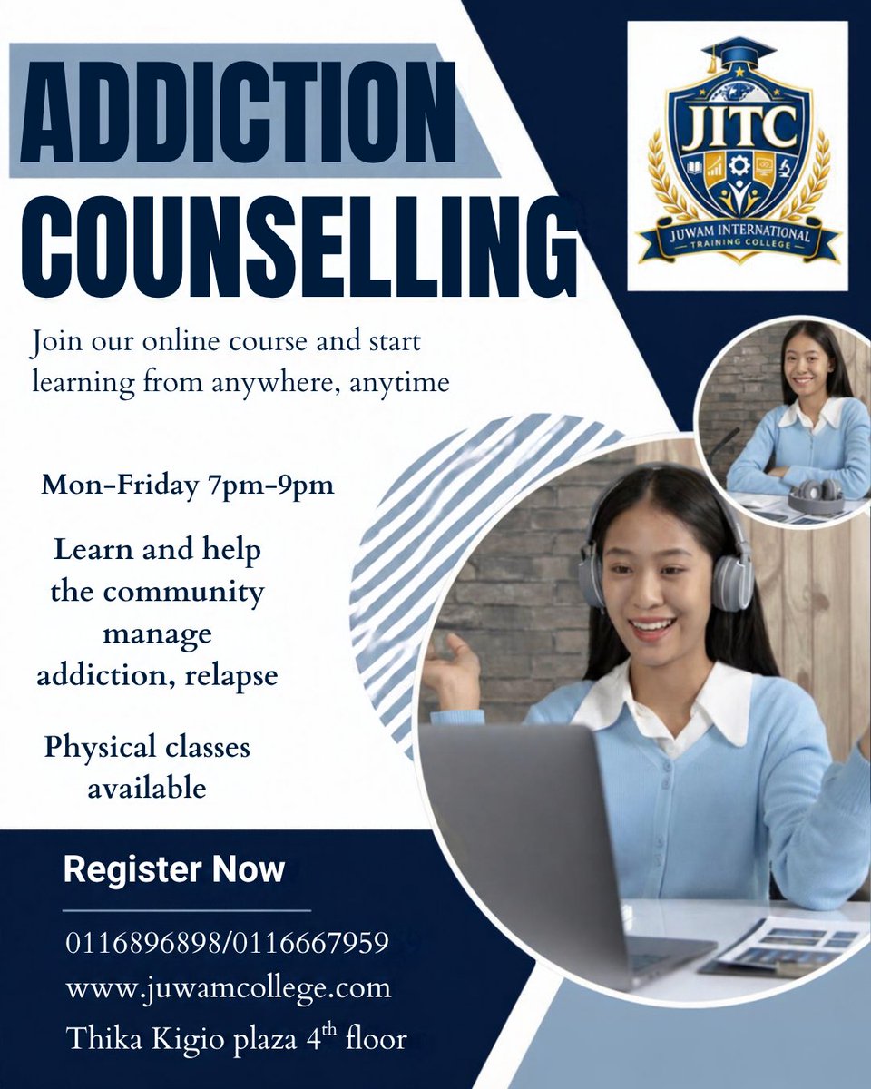 juwamcollege's tweet photo. Build skills to support people affected by addiction, relapse and recovery. Join our Addiction Counselling course, Mon–Fri, 7–9 PM. Online and physical classes available at Thika Kigio Plaza, 4th Floor.

0116896898 / 0116667959
https://t.co/mXc6Cdi3I9
#AddictionCounselling https://t.co/fR4PoA3O97