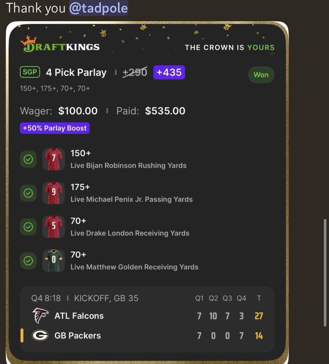 tadpolebe2021's tweet photo. Giveaway time 🤑😎

My cord &amp; I absolutely destroy these primetime games🎯🏈

Like + Retweet &amp; cash tags

Running 50% promo today only. Don’t keep missing out on these wins

🔗 in comments👇 https://t.co/o74gfloF5P