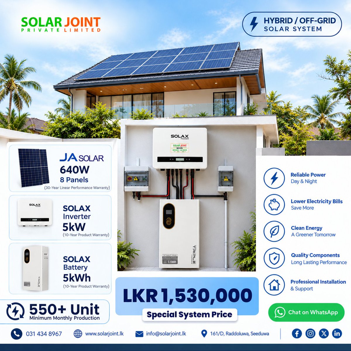 solar_joint's tweet photo. ✅ 8 × JA Solar 640W panels — 5.12kWp solar capacity
✅ SolaX 5kW inverter
✅ 5kWh battery storage
✅ Best installation and support
📞 031 434 8967
https://t.co/vM5qv0JMHh
Info@solarjoint.lk
#SolarJoint #SolarSriLanka #CleanEnergy #SolarPower #SustainableLivin #JASolar #Solax https://t.co/E5Zz4Ie8Dq